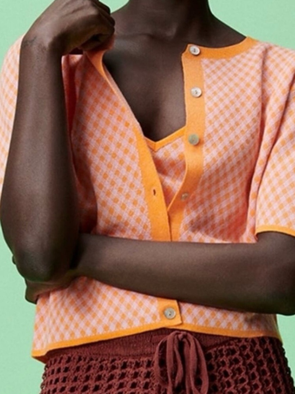 Zara Orange & Pink Gingham Short-Sleeve Cardigan – Size S
